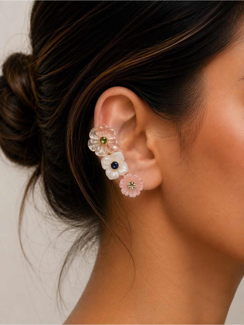 Anthropologie Floral Ear Cuff Earrings | Pink & Ivory Statement Earrings | New